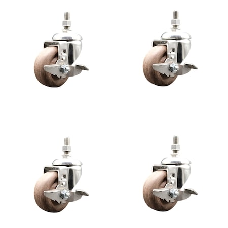 Service Caster 3 Inch 316SS High Temp Glass Filled Nylon 12mm Stem Caster Set Brake SCC SCC-SS316TS20S314-GFNSHT-TLB-M1215-4